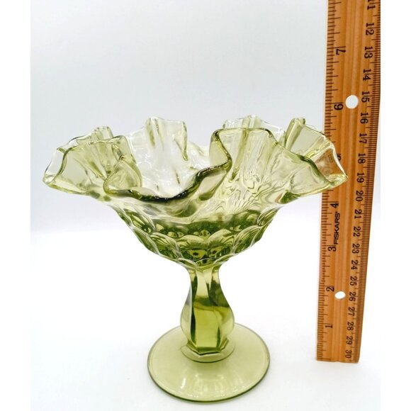 Vintage Fenton Glass Candy Dish Pedestal Green Thumbprint Ruffle Rim Compote 6" - Picture 2 of 15